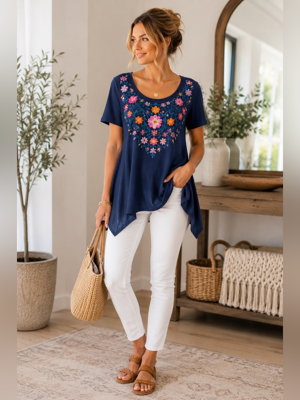 Terre Bleue Embroidered Boho Tunic Top L | Navy Floral Festival Cottagecore